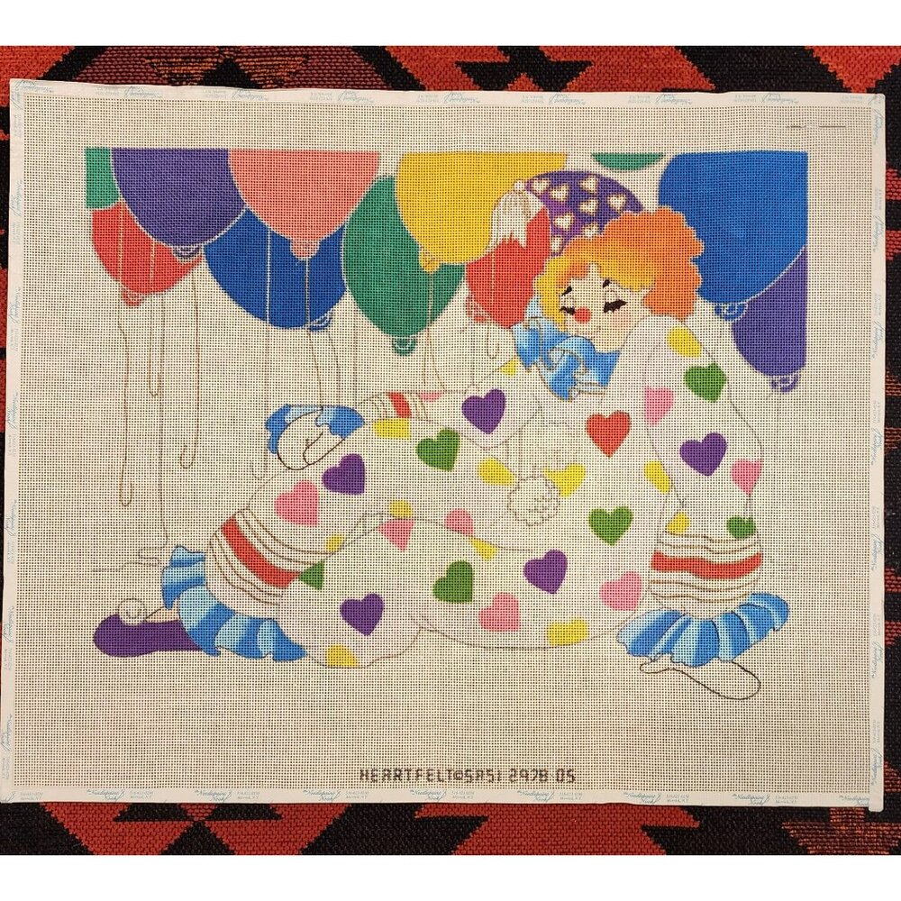 HEARTFELT Whimsical Hand-Painted Needlepoint Canvas Cute Clown, Hearts Balloons.